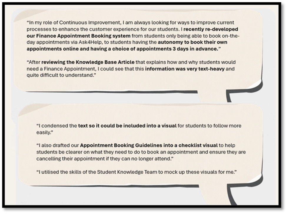 Speech bubbles describing a staff member’s efforts to improve the Finance Appointment Booking system for students. The redesign included moving from same-day bookings to allowing bookings up to three days in advance and simplifying text-heavy guidance. A visual and checklist format was developed in collaboration with the Student Knowledge Team.