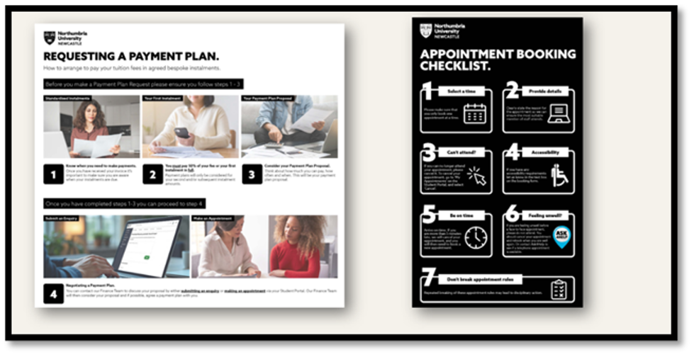 Two redesigned visual resources from Northumbria University. The first is a “Requesting a Payment Plan” step-by-step guide with photos and numbered actions. The second is an “Appointment Booking Checklist” with icons and brief instructions for students on how to book, cancel, and prepare for finance appointments.