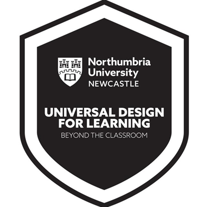 Black-and-white badge from Northumbria University featuring the text: “Universal Design for Learning – Beyond the Classroom.” The badge is shaped like a shield with the university logo at the top.